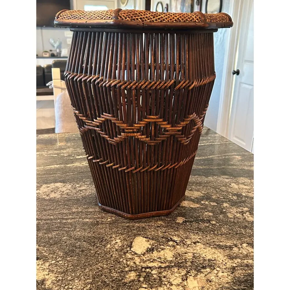 Vintage MCM Bamboo Rattan Umbrella Stand Boho Wicker Floor Basket Vase Planter